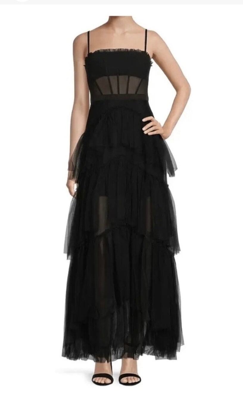 Betsy & Adam Black Mesh Corset Tulle Tiered Cocktail Prom Evening Ball Gown 10